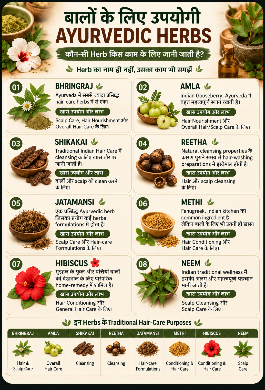 बालों के लिए उपयोगी Ayurvedic Herbs मुख्य इन्फोग्राफिक
